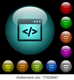 Programming code in software window icons in color illuminated spherical glass buttons on black background. Can be used to black or dark templates