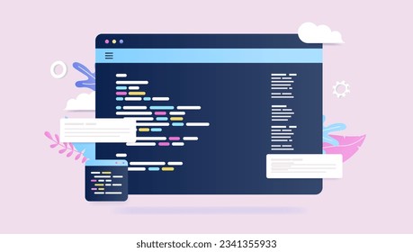 Código de programación - Ilustración vectorial de la ventana web y software abstracta con codificación en pantalla. Estilo semiplano con fondo rosa claro