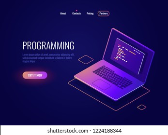 Programming and code writing isometric icon, software development, laptop with text of program code on screen, data processing dark neon vector Programming and code writing isometric icon, software development, laptop with text of program code on screen, data processing dark neon vector