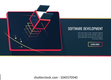 Programming and coding concept. Code on the screen laptop. Flat vector illustration.Conceptual vector vertical banner