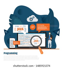 Programming and coding concept. Code on the screen laptop. Flat vector illustration.