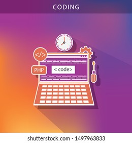 Programming and coding concept. Code on the screen laptop. Flat vector illustration