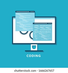 Programming And Coding Concept. Code On The Screen Computer. Flat Vector Illustration.