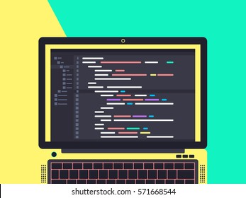 Programming And Coding Concept. Code On The Screen Laptop. Flat Vector Illustration.
