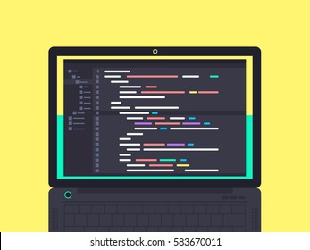 Programming and coding concept. Code on the screen laptop. Flat vector illustration