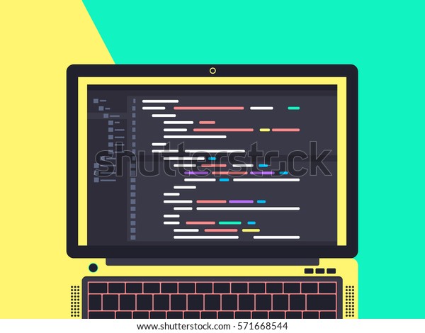 プログラミングとコーディングのコンセプト 画面のノートパソコンにコードを書き込みます 平らなベクターイラスト のベクター画像素材 ロイヤリティフリー
