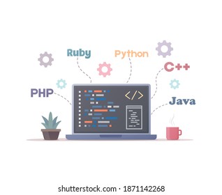 Programming and coding concept. Flat vector illustration. Isolated on white background.