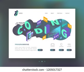 Programming, Coding Concept. Isometric Website Landing Page Template. Web Development Mobile Software. Easy Edit and Customize. Vector illustration