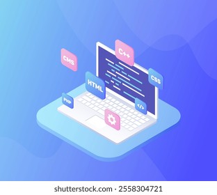 Programming or coding concept. Laptop with data in isometric future style. For business for social media post. Modern poster suitable for  marketing webinars, online class programs, brochure digital b