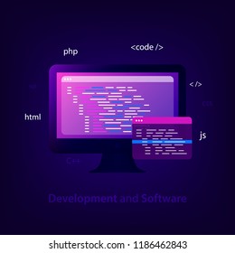 Programming and coding concept. Program source code. Software development, testing, debugging. Search engine. Programming languages for code learning. Trendy style. Vector illustration