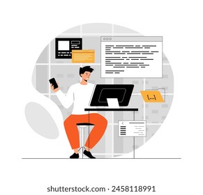 Programming and coding concept. Technology process of software development. Full Stack Developer. Illustration with people scene in flat design for website and mobile development.	
