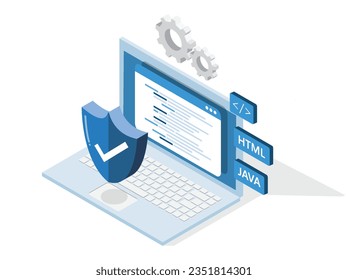 Programming and coding data protection and cyber security concept. Isometric vector