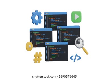 Programming, coding, development concept. Code, HTML, php web programming source code. 3d