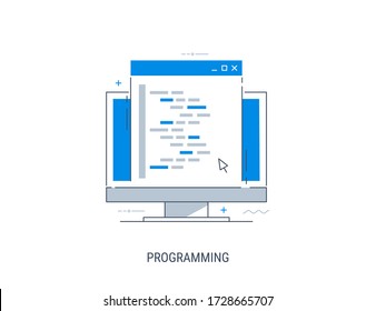 Programming and coding. Development and debugging. Flat modern line-art vector illustration.