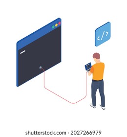 Programming coding development isometric icons composition with male character of programmer with laptop connected to socket vector illustration