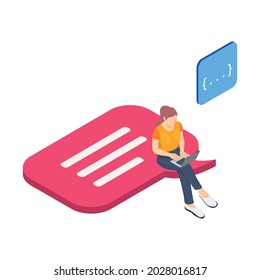 Programming Coding Development Isometric Icons Composition With Character Of Girl With Laptop Sitting On Thought Bubble Vector Illustration