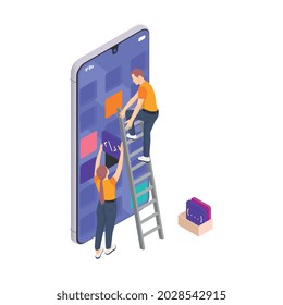 Programming coding development isometric icons composition with smartphone empty cells and people installing app icons vector illustration