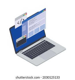 Programming coding development isometric icons composition with image of laptop with code brackets in screen windows vector illustration