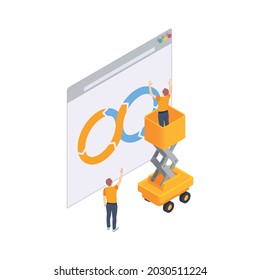 Programming coding development isometric icons composition with computer window with infinity sign and people vector illustration