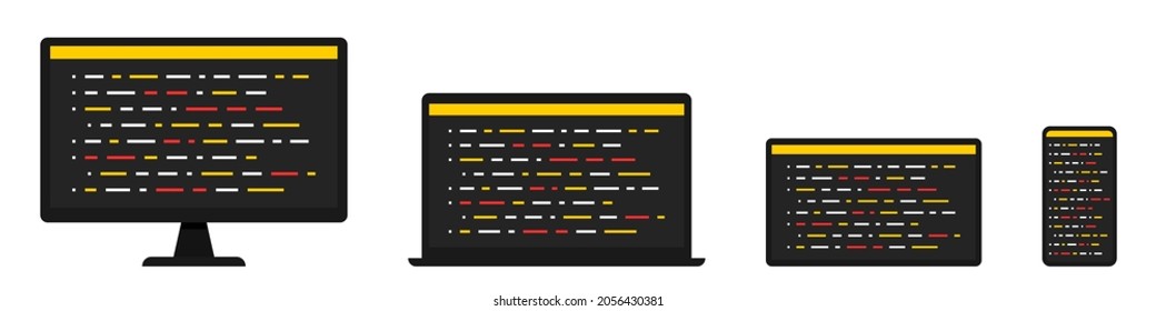 Programming. Coding. Development and software. Web. SEO. Writing code on the screen of a computer, laptop, tablet and smartphone. Flat style. Vector illustration
