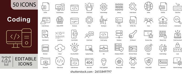 Programming Coding Editable Line Icons Set for Software Development and Developer Tools (Programando codificação de ícones de linha editáveis definidos para ferramentas de desenvolvimento de software e de desenvolvimento)
