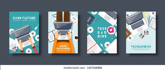 Programming, coding flat style covers set. Computing background. Code, hardware, software. Web development. Search engine optimization. Innovation, technologies. Mobile app. Vector illustration. SEO.