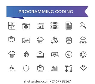 Programming coding icon collection. Software development icon collection. Programmer and developer symbol vector illustration set.