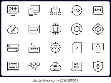 Programming and coding icon set. Contains such Icons as code, api, programmer, developer, information technology, coder and more. Vector illustration