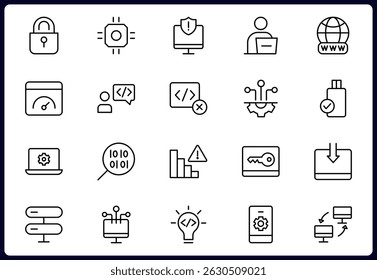 Programming and coding icon set. Contains such Icons as code, api, programmer, developer, information technology, coder and more. Vector illustration