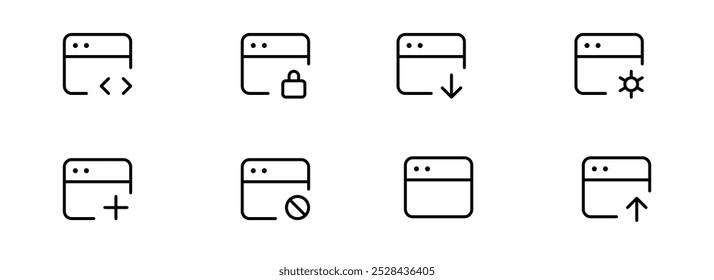 Programming and Coding icon set. Linear icons like Web Development, Code, Website, Cloud, App, Data, Software, Algorithm, Api, Build, Program. Editable stroke, Vector