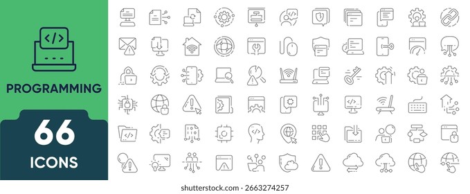 Programming and coding icon set in linear style. A collection of 66 outline icons representing software development, coding, scripting, and digital technologies. Editable stroke.