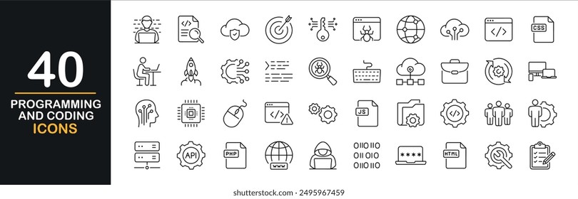 Programming and coding icon set. Software development icon collection. Contains such Icons as code, programmer, idea, advertising, app, archive, developer, information technology, coder and more