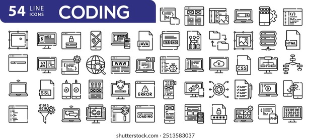 Conjunto de ícones de codificação de programação. Coleção de ícones de desenvolvimento de software. Ilustração vetorial do símbolo do programador e do desenvolvedor.
