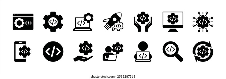 Programming coding icon vector set. Containing Software development, web page, computer program, programmer, developer, app, developer, information technology, testing, process, startup