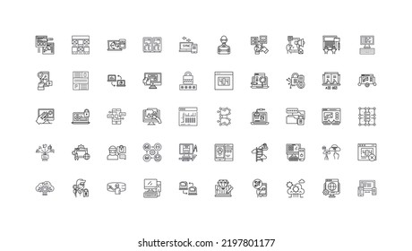 Programming, coding ideas, linear icons, line signs set, vector collection