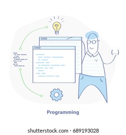 Programming, Coding Illustration Concept. Cartoon Programmer With Laptop And Code. Flat Line Concept Of Web Development. Isolated Vector For Web Design.