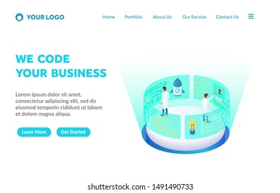 programming and coding isometric landing page template. Modern web page design concept layout for website. Vector illustration. Brochure cover, web banner, website slide and presentation.