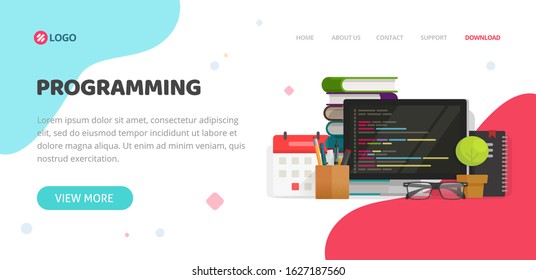 Programming or coding learning courses online service agency website template design vector layout or mockup flat cartoon, computer programme code on screen as web site landing page layout or banner