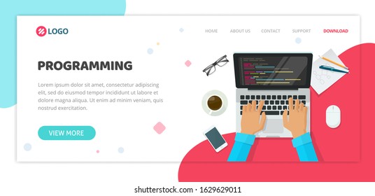 Programming or coding learning courses service agency website template design vector layout or mockup flat cartoon, laptop computer screen working desk table as web site landing page layout or banner