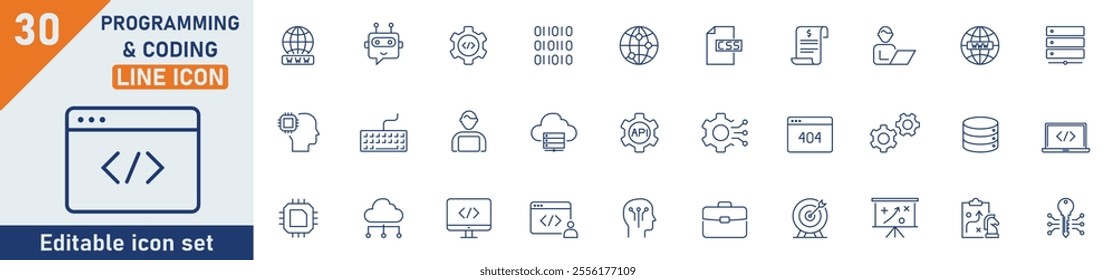 Programming Coding line icon set. Set of 30 outline icons related to programming, code, programmer, api, developer, information technology, coder and others. Editable stroke. Vector illustration.