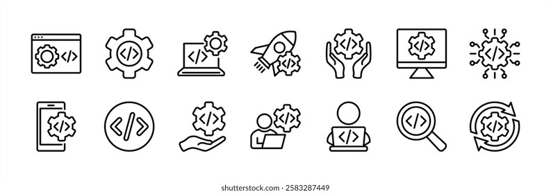 Programming coding line icon set. Containing Software development, web page, computer program, programmer, developer, app, information technology, testing, process, startup. Vector illustration