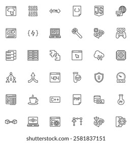 Programming and coding line icons set. linear style symbols collection, outline signs pack. Web development vector graphics. Set includes icons as Code Editor, HTML Tag, Database, Server Hosting