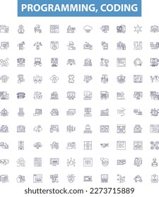 Programming, coding line icons, signs set. programming, coding, software, development, language, algorithm, logic, syntax, function outline vector illustrations.