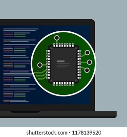 programming coding line of text in laptop screen. close-up of electronic circuit board with processor hardware. Vector