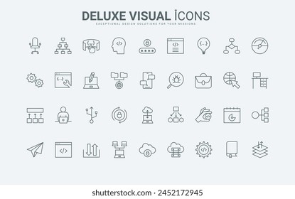 Programmierung und Codierung, Netzwerkmanagement, Cloud Thin Black und Red Outline-Symbole, Vektorillustration. Programmcode-Entwicklung, Softwaretests und Anwendungsoptimierungs-Zeilensymbole gesetzt.