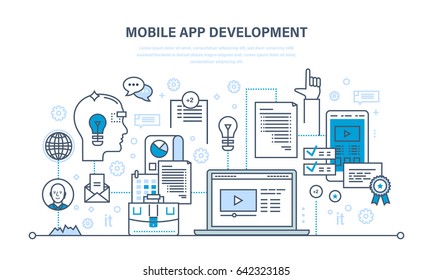 Programming and coding online,web courses, internet and web design, mobile and desktop app development process. Illustration thin line design of vector doodles, infographics elements.