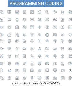 Programming coding outline icons collection. Coding, Programming, Scripting, Compiling, Debugging, Syntax, Algorithms vector illustration set. Variables, Functions, Modules line signs