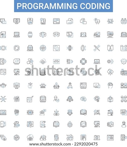 Programming coding outline icons collection. Coding, Programming, Scripting, Compiling, Debugging, Syntax, Algorithms vector illustration set. Variables, Functions, Modules line signs