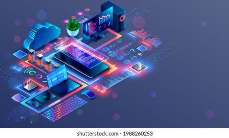 Programming and coding of program product or code. Workplace of computer software developers. Technology creating cross platform application. Modern Tech isometric conceptual illustration.