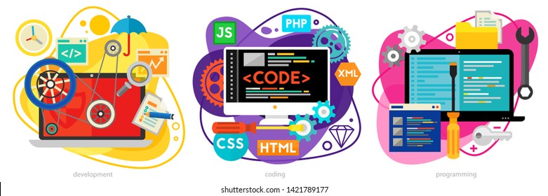 Programming and coding, scripting and website development, analytics trendy amoeba style concepts